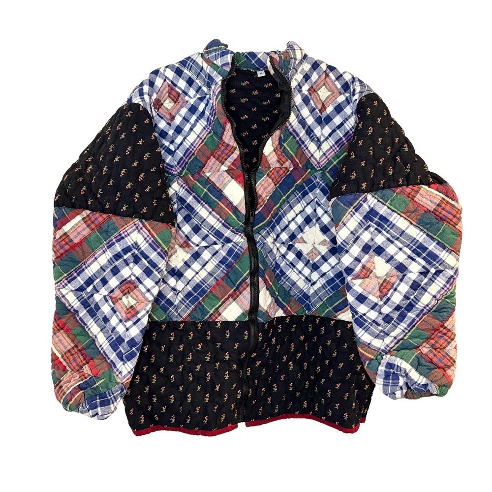 Vintage Handmade Quilt Patchwork Quilted Jacket Full Zip Pockets Plaid Floral M